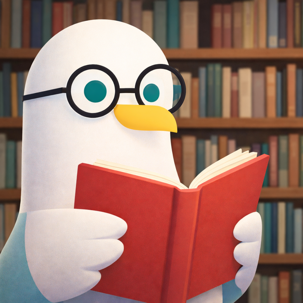 Seagull reading in a library